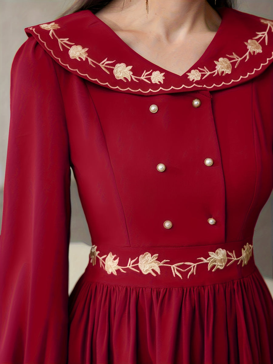 Vintage Lapel Heavy Craft Embroidered Long Sleeve Dress - Burgundy