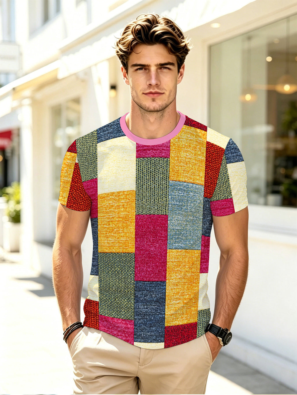 Men's Casual T-Shirt, Color Block Checkerboard Print T-Shirt – Modern Geometric Style Design, Classic Crew Neck Fit, Machine Washable Summer Casual Top, Chic Gift, Combines Color Block Checkerboard Artistry with Fashion Sense, for Daily Wear - Mixed colors