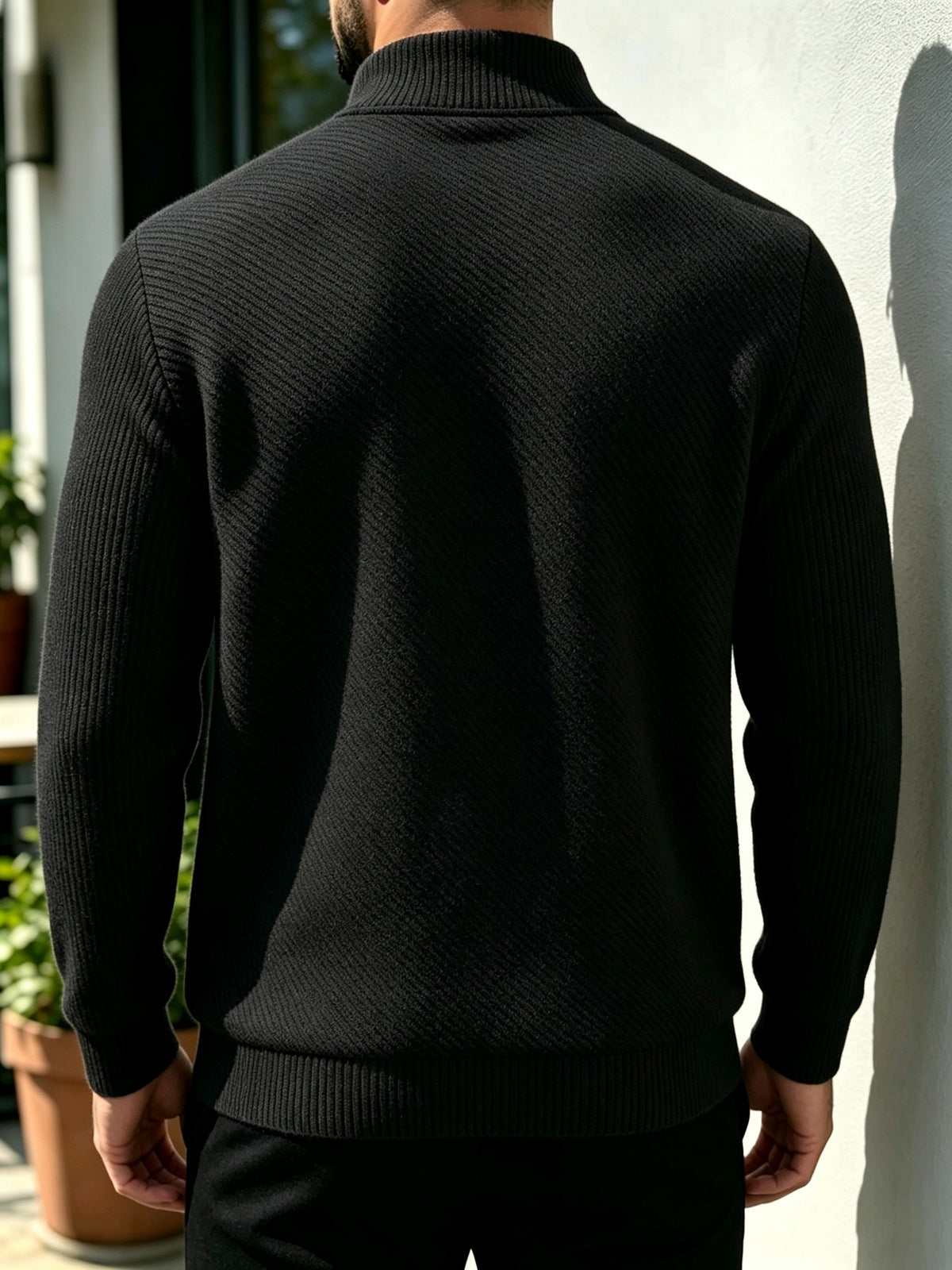 [Saa Xing OBM] Men'S Fashionable All-Match Top, Checkered Texture Half-Zip Stand Collar Long Sleeve Shirt, Casual Pullover Sweatshirt Knitwear, Knit Solid Color Long Sleeve Daily Casual, Sports Fitness Fashion All-Match - Black