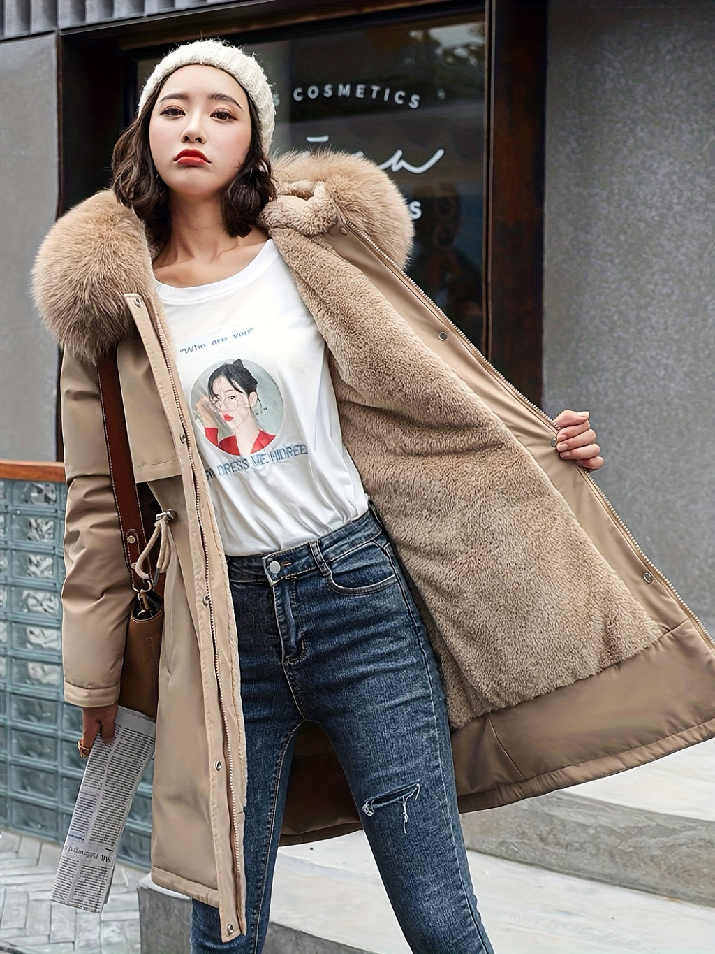 Winter New Mid-Length Fleece-Lined Vest Coat Trendy Women'S Coat Removable Collar - Khaki