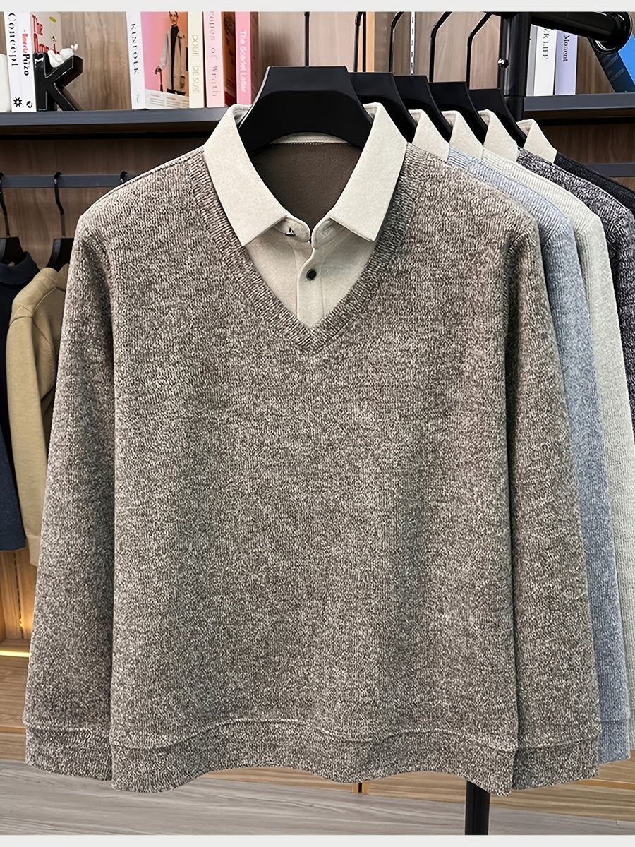 Men'S Autumn V-Neck Faux Two-Piece Pullover Sweater Top, Shirt Collar Patchwork Sweater, Casual Sportswear Top, Warm And Comfortable, Autumn Business Casual Daily Travel Commute Gift Choice, Knit - Light Coffee