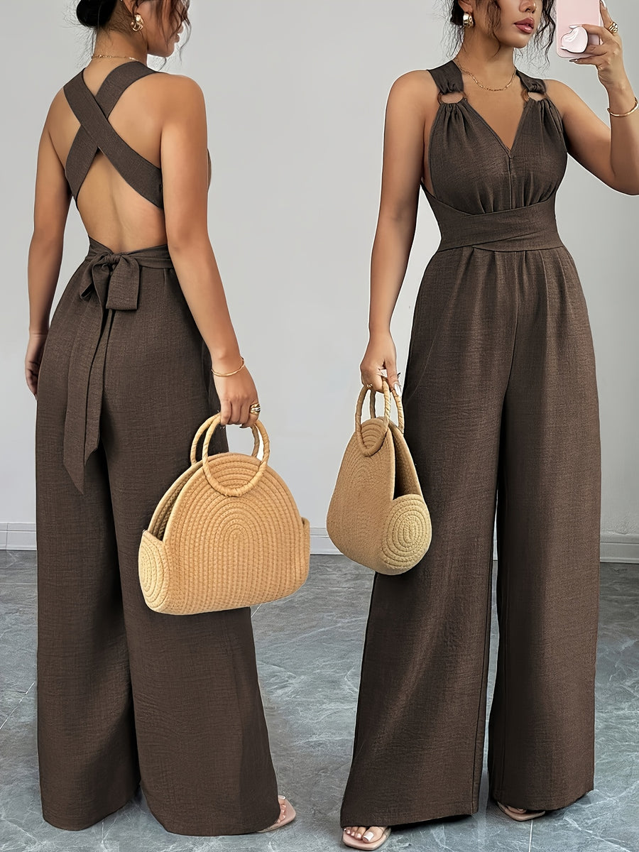 V-neck Women's Jumpsuit with Crisscross Waist Ties, Slit Back, and Wide-leg Straight-cut Pants - Dark Brown