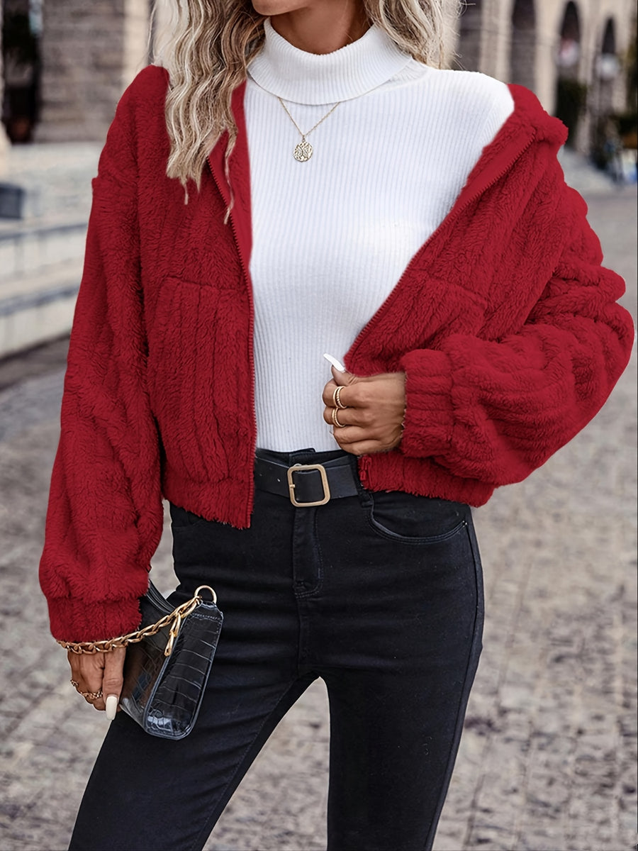 Solid Color Double-Sided Plush Zipper Hooded Cardigan, Women's Casual Plush Coat for Autumn and Winter - Brick Red