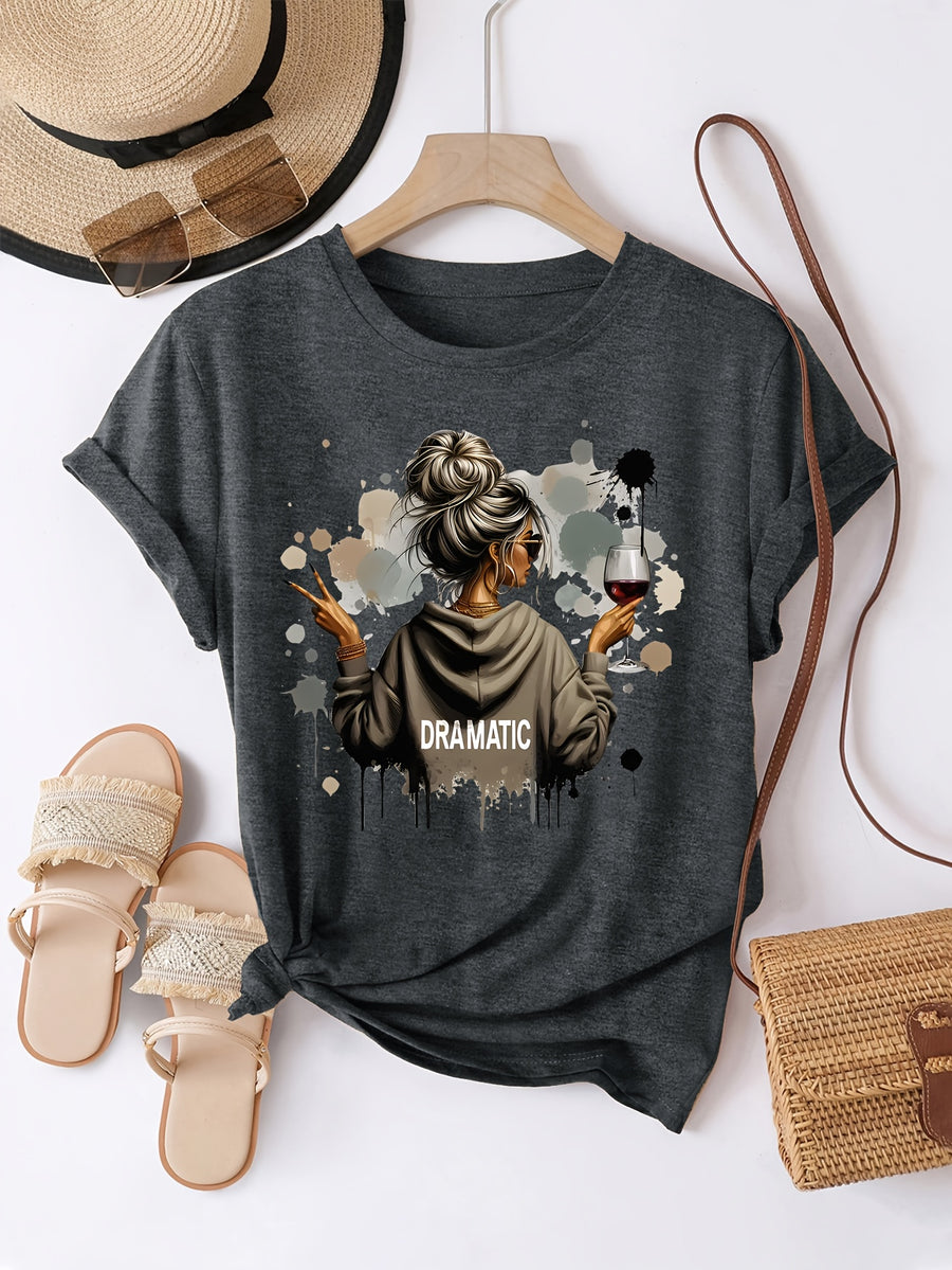 Fashionable Loose-Fitting Versatile Casual Short-Sleeve T-Shirt with Print - Dark Gray