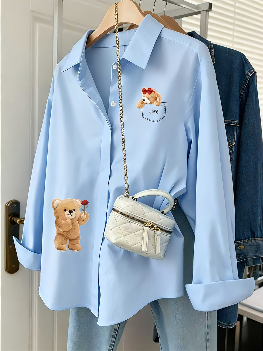 Gentle Girly Style Shirt with Pocket, Bow, Little Bear, and Rose Print, Long Sleeve Loose Fit Daily Commute Age-Reducing Cardigan Top - Sky Blue
