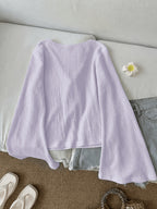 Solid Color Front-Tie Bow Open-Front Fashion Flared Sleeve Blouse New Women'S Short Top - Light Purple