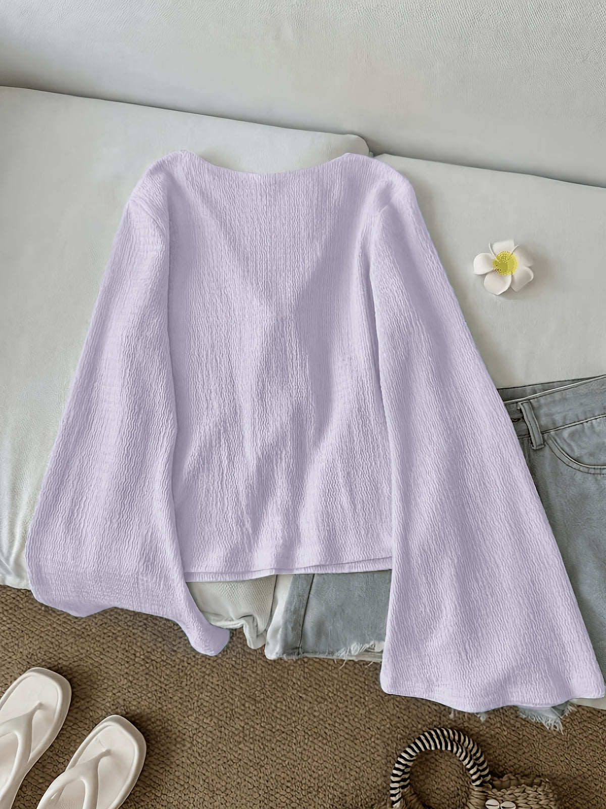 Solid Color Front-Tie Bow Open-Front Fashion Flared Sleeve Blouse New Women'S Short Top - Light Purple
