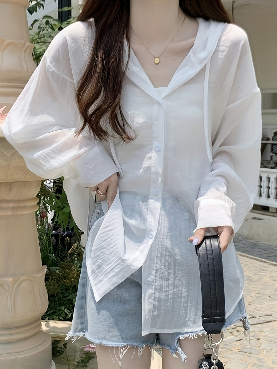 New Summer Women's Hooded Long-Sleeve Shirt, Loose-Fit Lightweight Korean-Style Lazy Chic Outerwear Top/Jacket - White