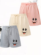 3pcs Women's Elegant Casual Jogger Shorts - Joyful Print, Drawstring Loose Fit Summer Vacation Pants, Machine Washable - Gray+Apricot+Pink