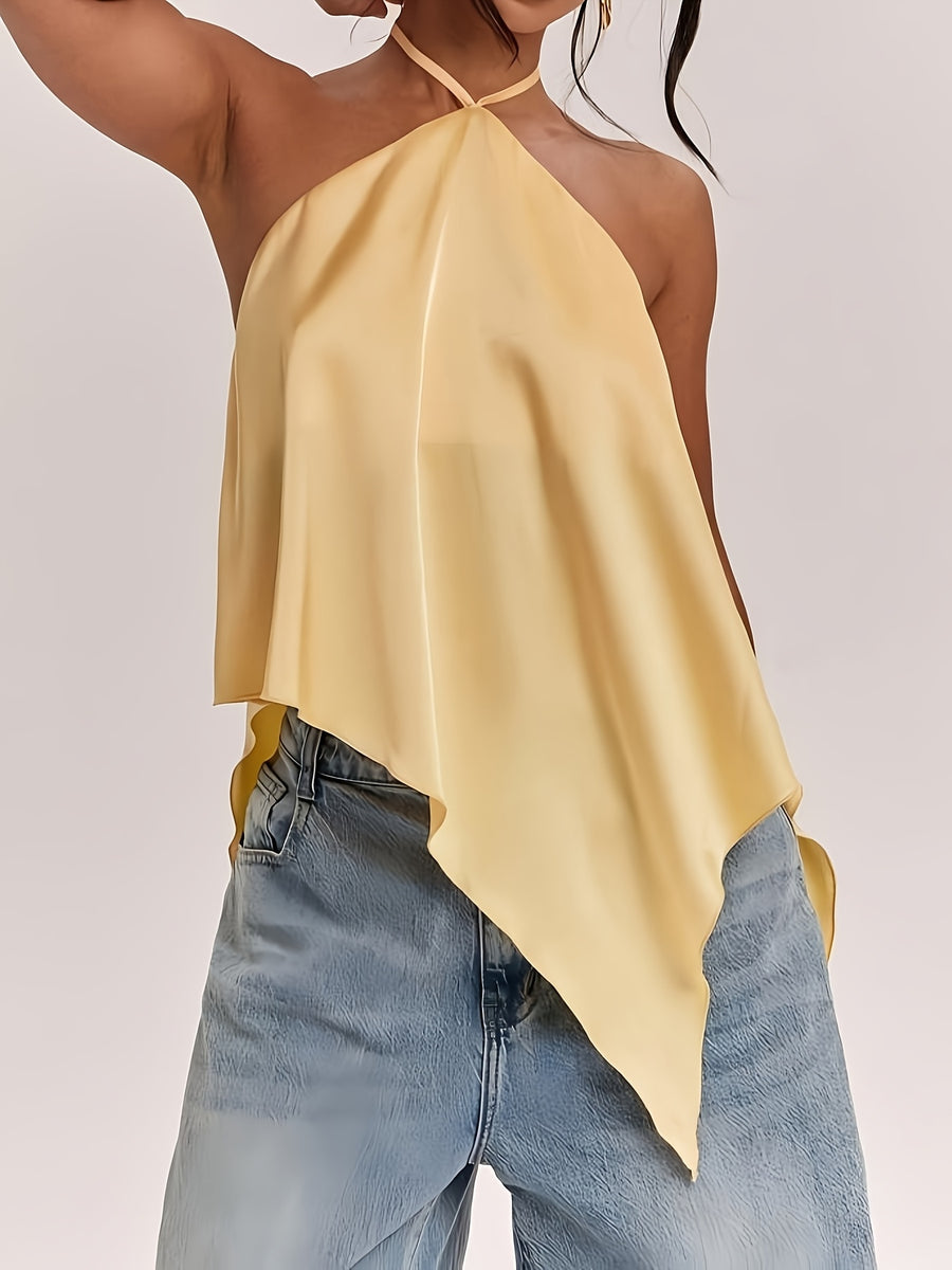 Women's Casual Vacation Backless Asymmetric Hem Solid Color Satin Camisole, Suitable for Beach Vacations, Beach Leisure, Casual Getaways, and Other Occasions, an Elegant Camisole. - ginger-colored