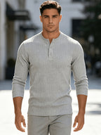 American-style Heavyweight Men's Knit Vintage Stretch Textured Pattern Casual Loose Fit Versatile Commuter Long-Sleeve Henley Shirt - Grey