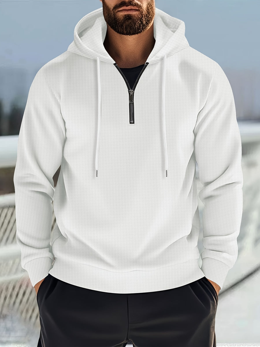 Men's Solid Color Waffle Knit Half-Zip - Lightweight Breathable Half-Zip Hoodie, Long Sleeve Casual Pullover Suitable for Streetwear, Travel, Spring & Autumn Layering, Waffle Texture - White