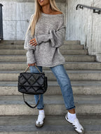 Women'S Fall Winter Casual Fashion Temperament Commute Versatile Easy Solid Color Large Round Neck Cross-Wear Sleeve Cuffed Design Loose Pullover Top - Grey