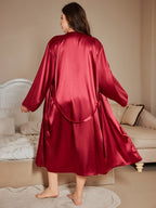 Valentine's Day Edition Women's Plus Size Long Lace Trim Camisole Nightgown 2pcs Set - Red