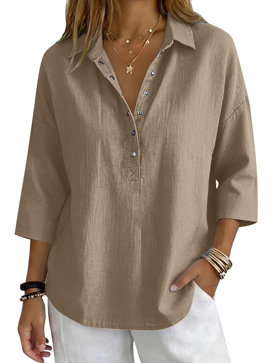 Women'S Elegant Comfortable 3/4 Sleeve Top, Fashionable Button-Up Basic Shirt, Loose Casual V-Neck Three-Quarter Sleeve T-Shirt - Khaki