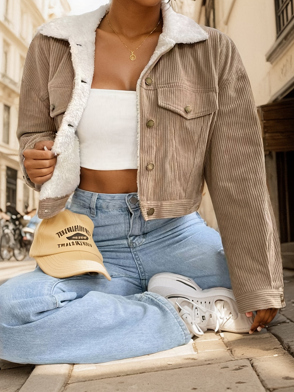 Women'S Short Corduroy And Lamb Jacket for Autumn And Winter, Featuring a Fleece Collar, Versatile Korean-Style Warm Top - Camel