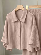 Plus Size, Plus Size - New Spring/Summer Solid Color Wrinkled Short Lapel Shirt and Elastic Waist Wide-Leg Pants 2pcs Set - Casual Loungewear Vacation Outfit - Apricot
