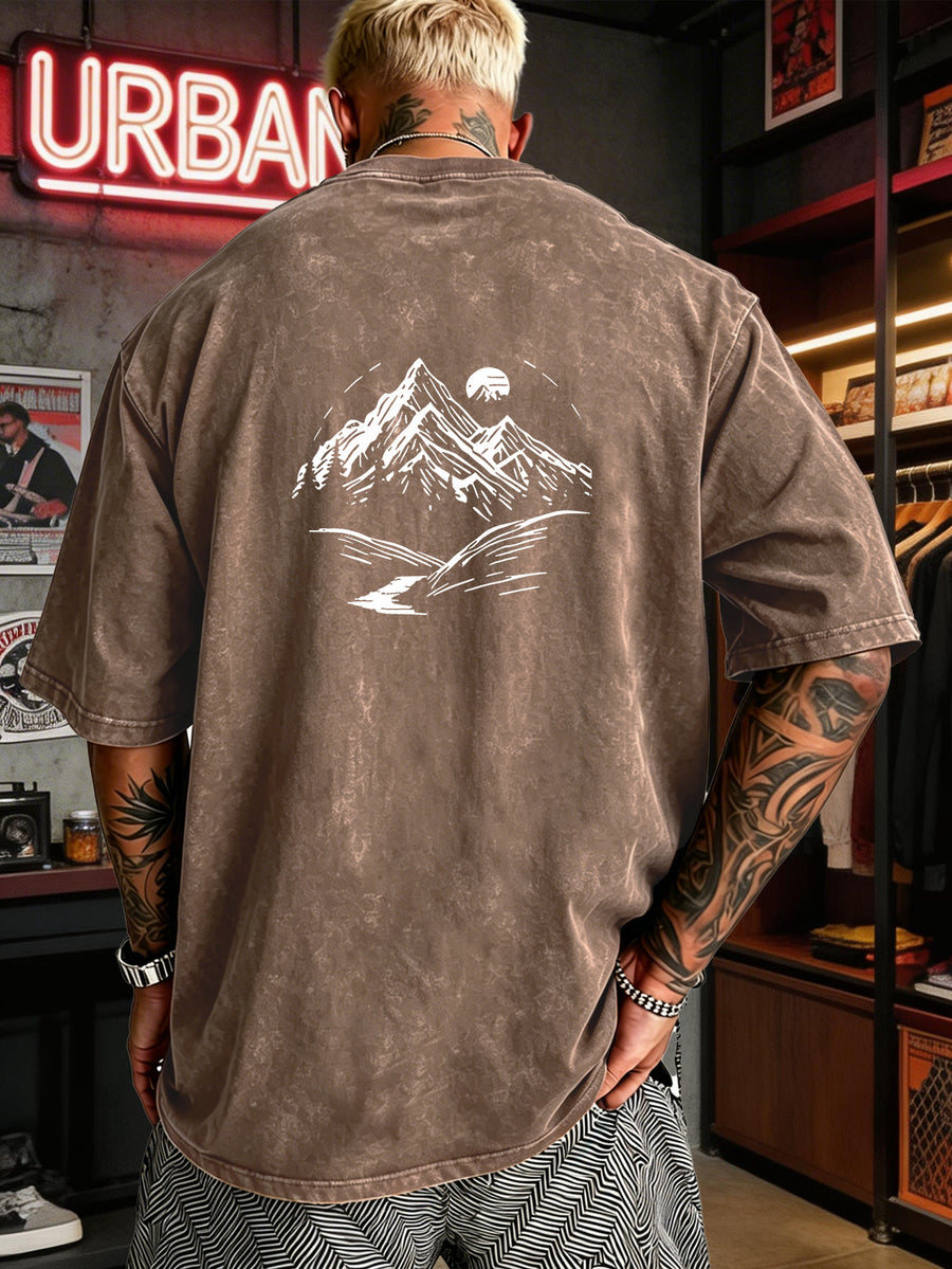 Men's Heavyweight T-Shirt Washed Distressed Fashion Print 2026 Summer New Urban High Street Hiphop Style Vintage Acid Wash Casual Gym Workout Top Pure Cotton Breathable Base Shirt - Brown