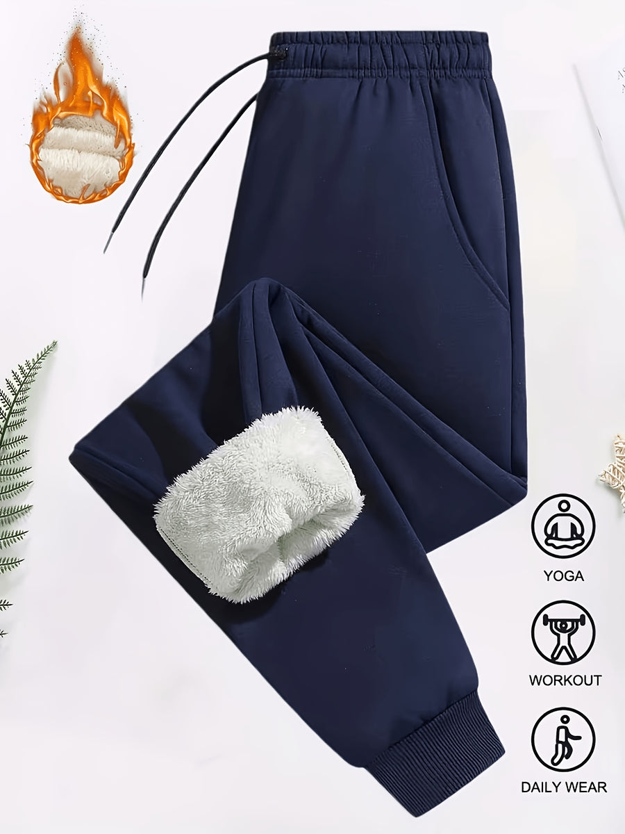 Winter Women'S Athletic Long Pants, Fleece-Lined Thick Casual Trousers with Elastic Waist And Ankle-Cinching Design - Dark Blue
