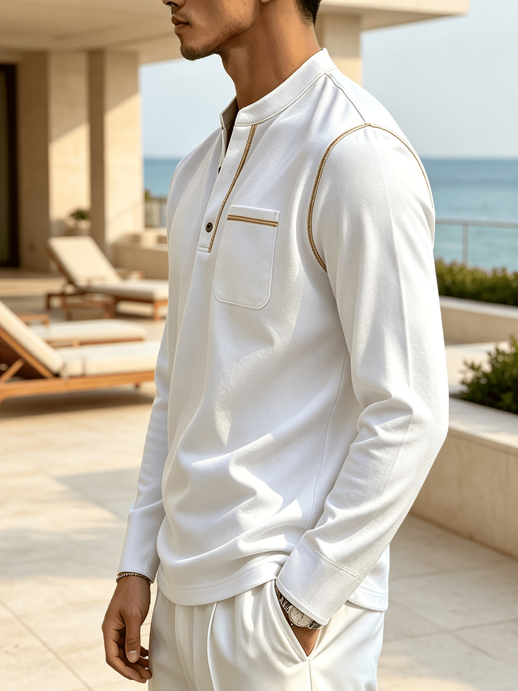 Men'S Fashion Easy Contrast Stand Collar Comfortable Versatile Casual Men'S Henley Long Sleeve Shirt Spring Fall Home Outdoor 1pc - White