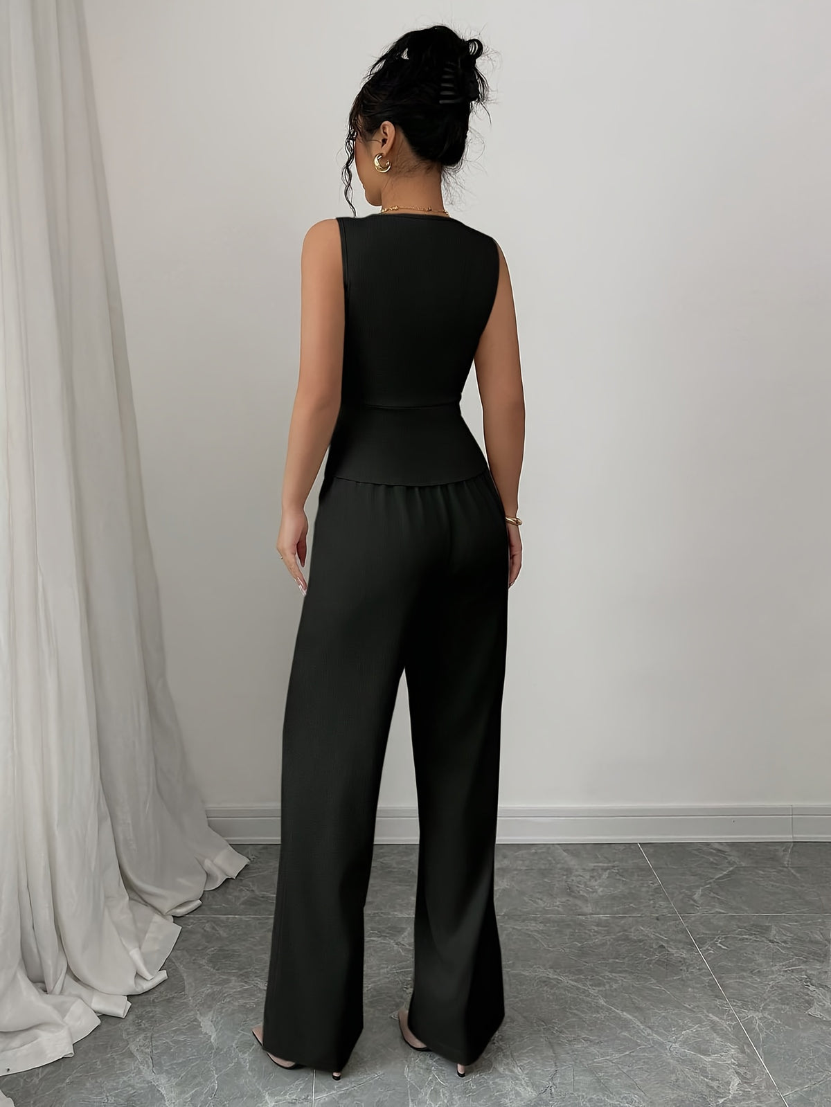 Sleeveless Elegant Vest And Women'S Pants Set, Summer Office Wear - Black