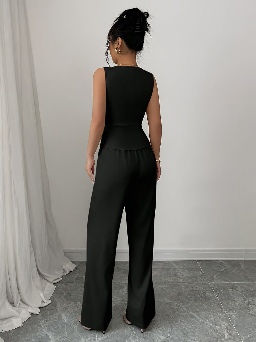 Sleeveless Elegant Vest And Women'S Pants Set, Summer Office Wear - Black