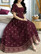 The Summer Floral-Themed Elegant Resort-Style Dress Features a Butterfly Wing Print Design, a Square Neckline And Short Sleeves, Is Equipped with a Waist-Cinching Design, And Has a Moderate Length - Burgundy