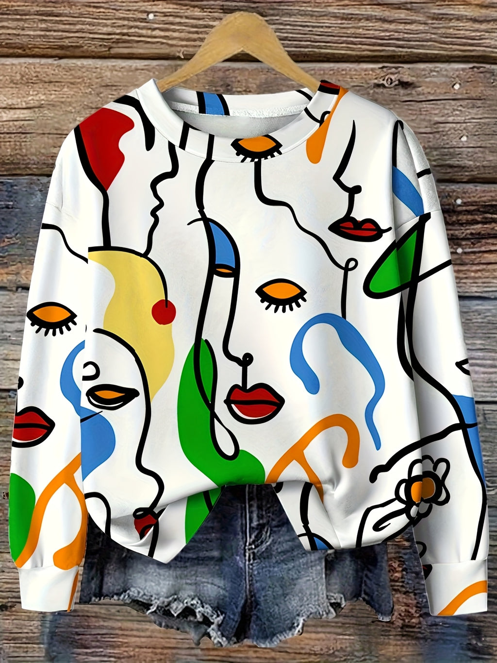 Women'S Fashion Casual Abstract Face Print Loose Round Neck Pullover Sweatshirt, Suitable for Fall Winter - White