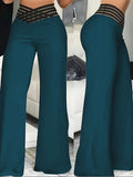 Women's High-Waist Flare Pants with Cross-Front Mesh Detail - Dark Teal, Elegant Bell Bottoms, Machine Washable, All-Season Comfort, Perfect for Casual or Dressy Occasions - Dark Cyan