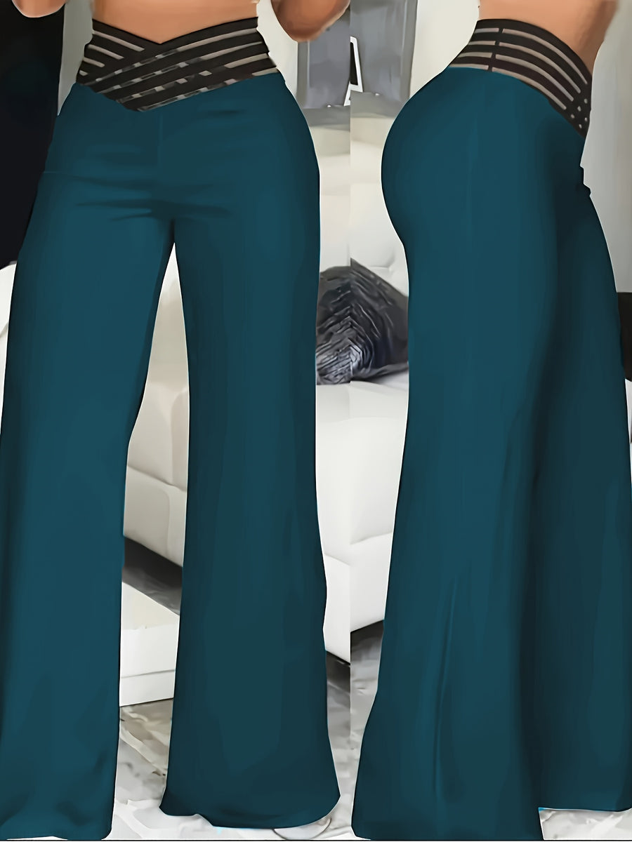 Women's High-Waist Flare Pants with Cross-Front Mesh Detail - Dark Teal, Elegant Bell Bottoms, Machine Washable, All-Season Comfort, Perfect for Casual or Dressy Occasions - Dark Cyan
