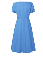 Elegant And Stylish Dress for Women with a Square Neckline, Drop Shoulder Sleeves, Solid Color, Featuring a Bow Design at The Waist, Easy to Wear And Remove, Machine Washable, Suitable for Outings And Dates, Perfect for Commuting Fashion - Vibrant Blue