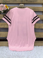 2026 European And American Spring Summer New Women'S Clothing Digital Print Curved Hem V-Neck Loose Casual Short Sleeve T-Shirt Top - pink color