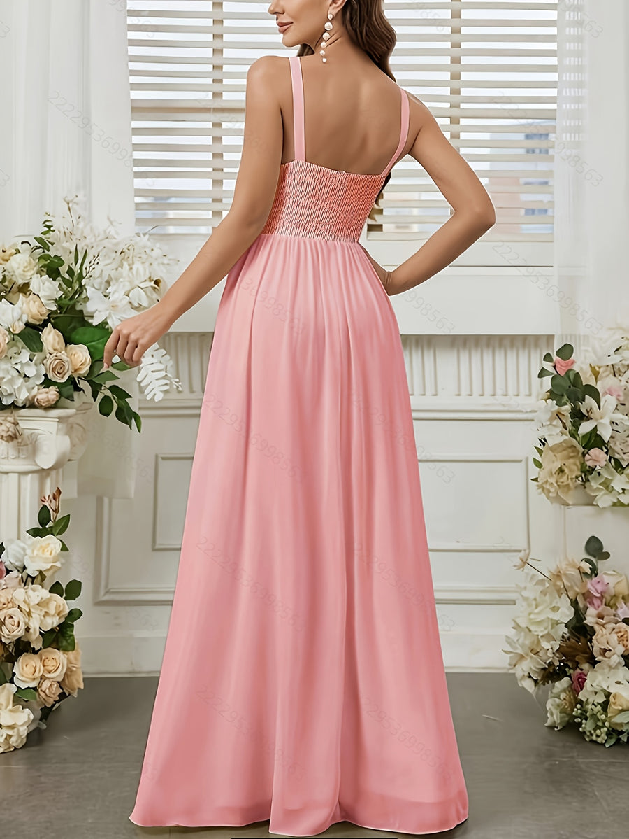Solid Color Long Dress with Thin Spaghetti Straps, Pleated Detail, and Slit. Suitable for Weddings, Evening Banquets, Balls, Parties, Vacations, and Afternoon Tea Dates - pink color