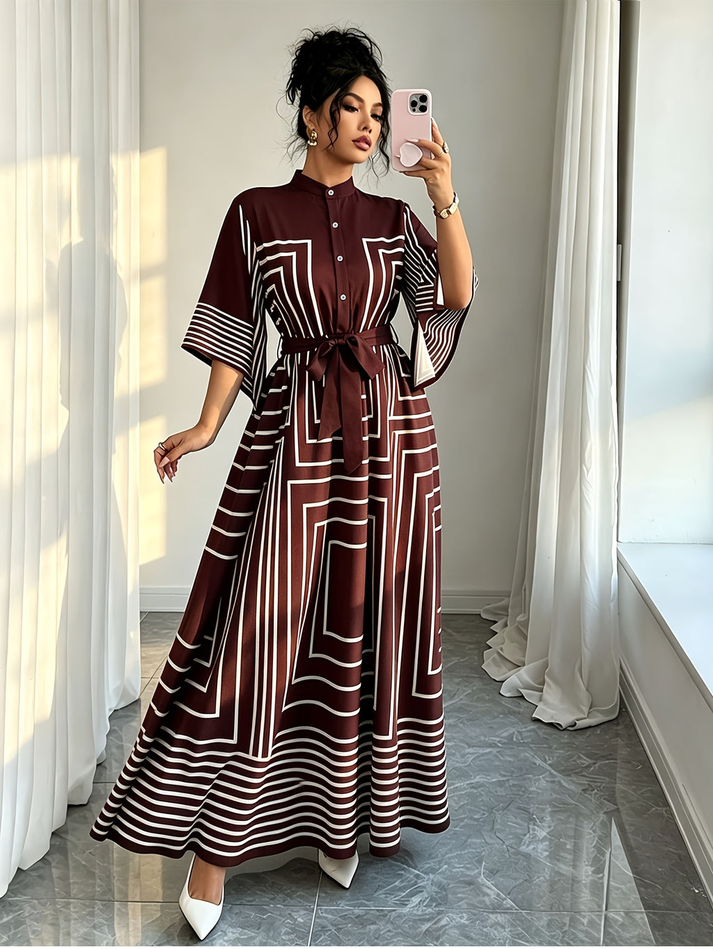 New Women's Fashion, Elegant Geometric Print Long Sleeve Short Dress, Suitable for Spring/Summer Commuting and Dating - Red