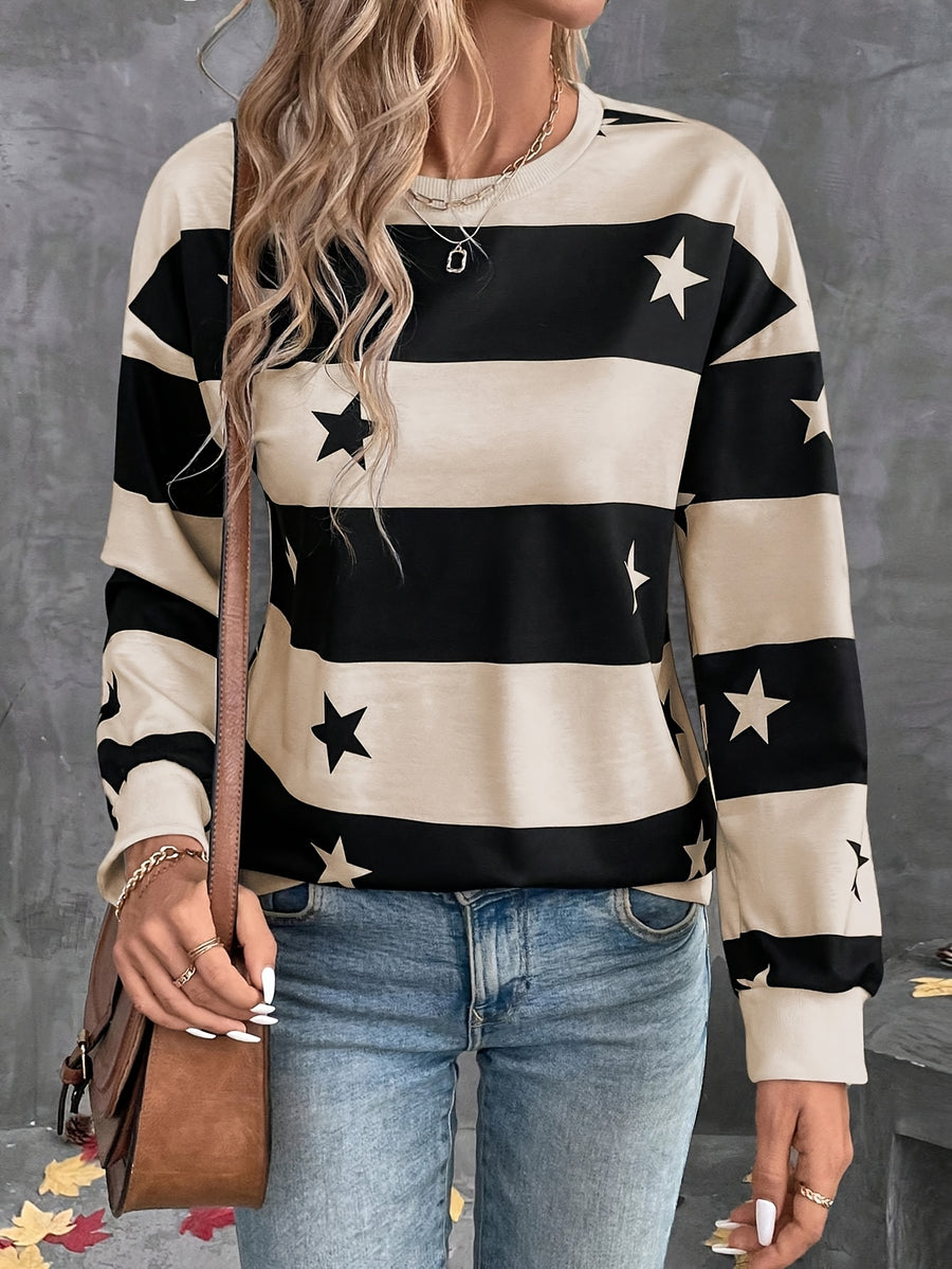 Women's Elegant Striped Star Print Long-Sleeve T-Shirt - Non- Blouse-Compatible Top Suitable for Seasons, Machine Washable Opaque Shirt for Layering, Casual & Professional Wear, Year-Round Wardrobe Essential - Khaki