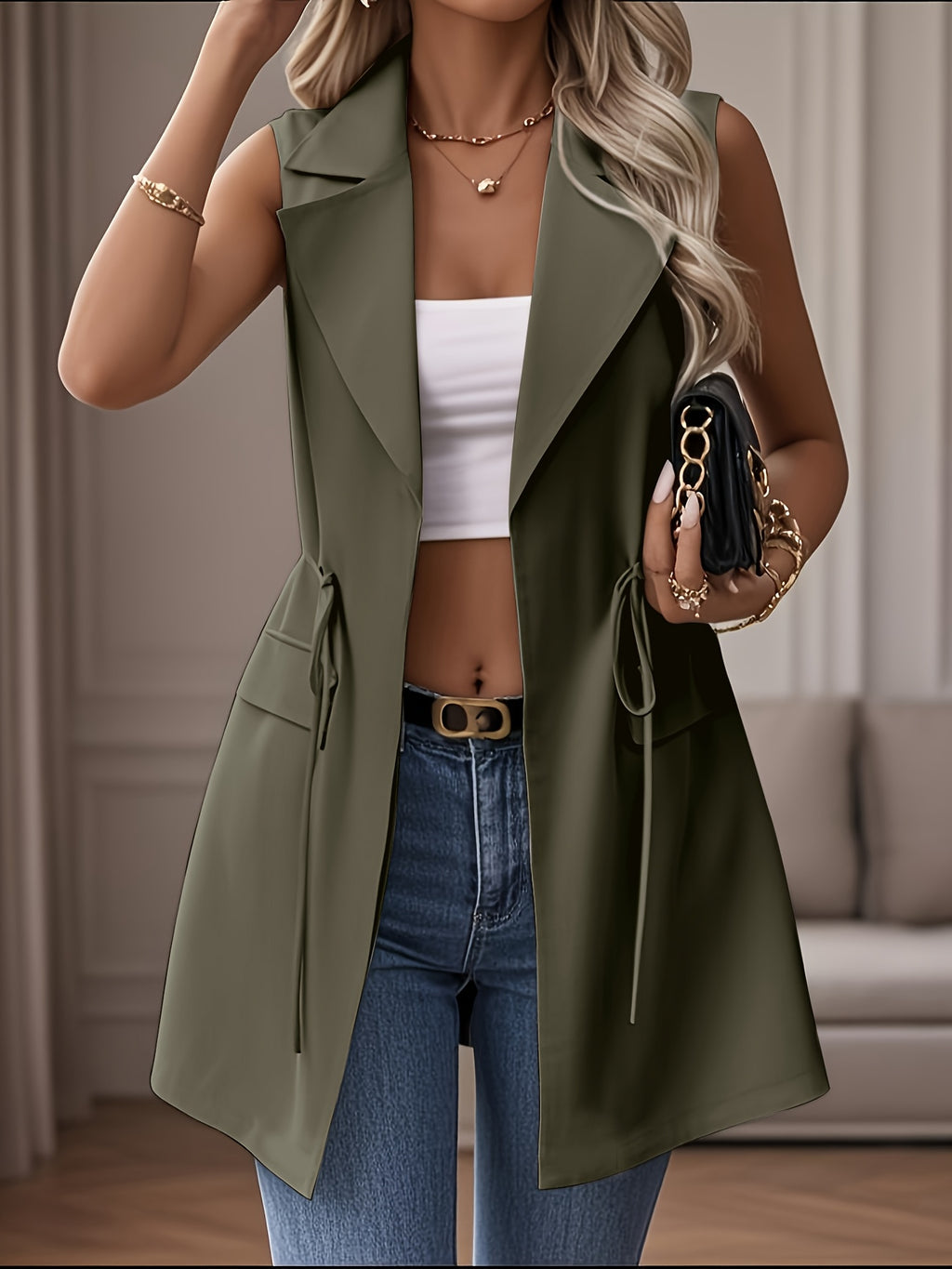 New Women'S Spring And Autumn Casual Elegant Crisp Version with Drawstring at The Waist, No Buttons, Sleeveless Trench Coat - Green