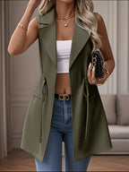 New Women'S Spring And Autumn Casual Elegant Crisp Version with Drawstring at The Waist, No Buttons, Sleeveless Trench Coat - Green