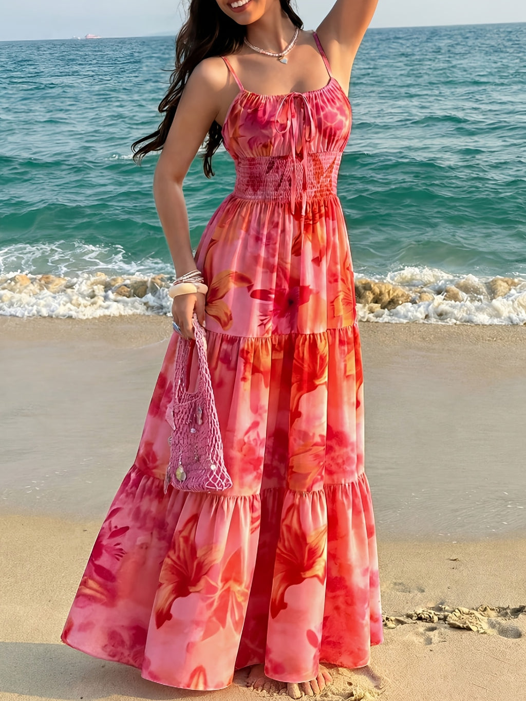 New Women's Elegant Printed Romantic Cinched Waist Layered Midi Dress - Mixed colors