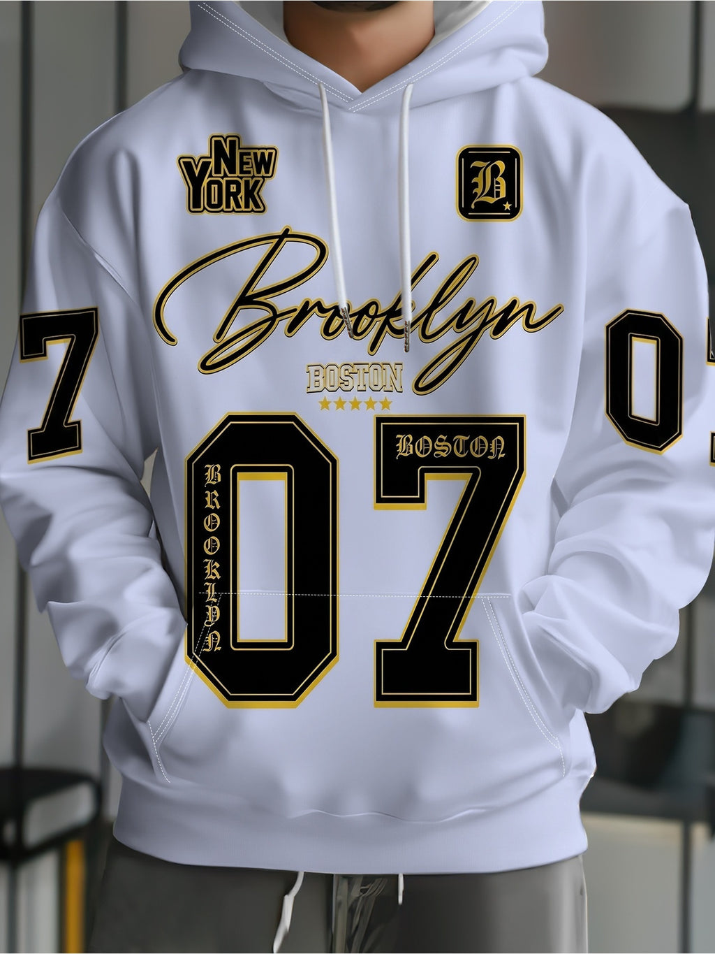 [Print Design, Not Textured] Men'S Hoodie, White Base with Black And Golden Number 07 Crown Text, Digital Print Long Sleeve, Suitable for Street Outings, Daily Commute, And Casual Wear, Loose Fit, Comfortable And Breathable, Non-Tight - Mixed colors