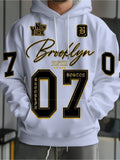 [Print Design, Not Textured] Men'S Hoodie, White Base with Black And Golden Number 07 Crown Text, Digital Print Long Sleeve, Suitable for Street Outings, Daily Commute, And Casual Wear, Loose Fit, Comfortable And Breathable, Non-Tight - Mixed colors