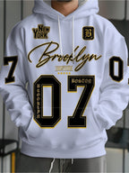 [Print Design, Not Textured] Men'S Hoodie, White Base with Black And Golden Number 07 Crown Text, Digital Print Long Sleeve, Suitable for Street Outings, Daily Commute, And Casual Wear, Loose Fit, Comfortable And Breathable, Non-Tight - Mixed colors