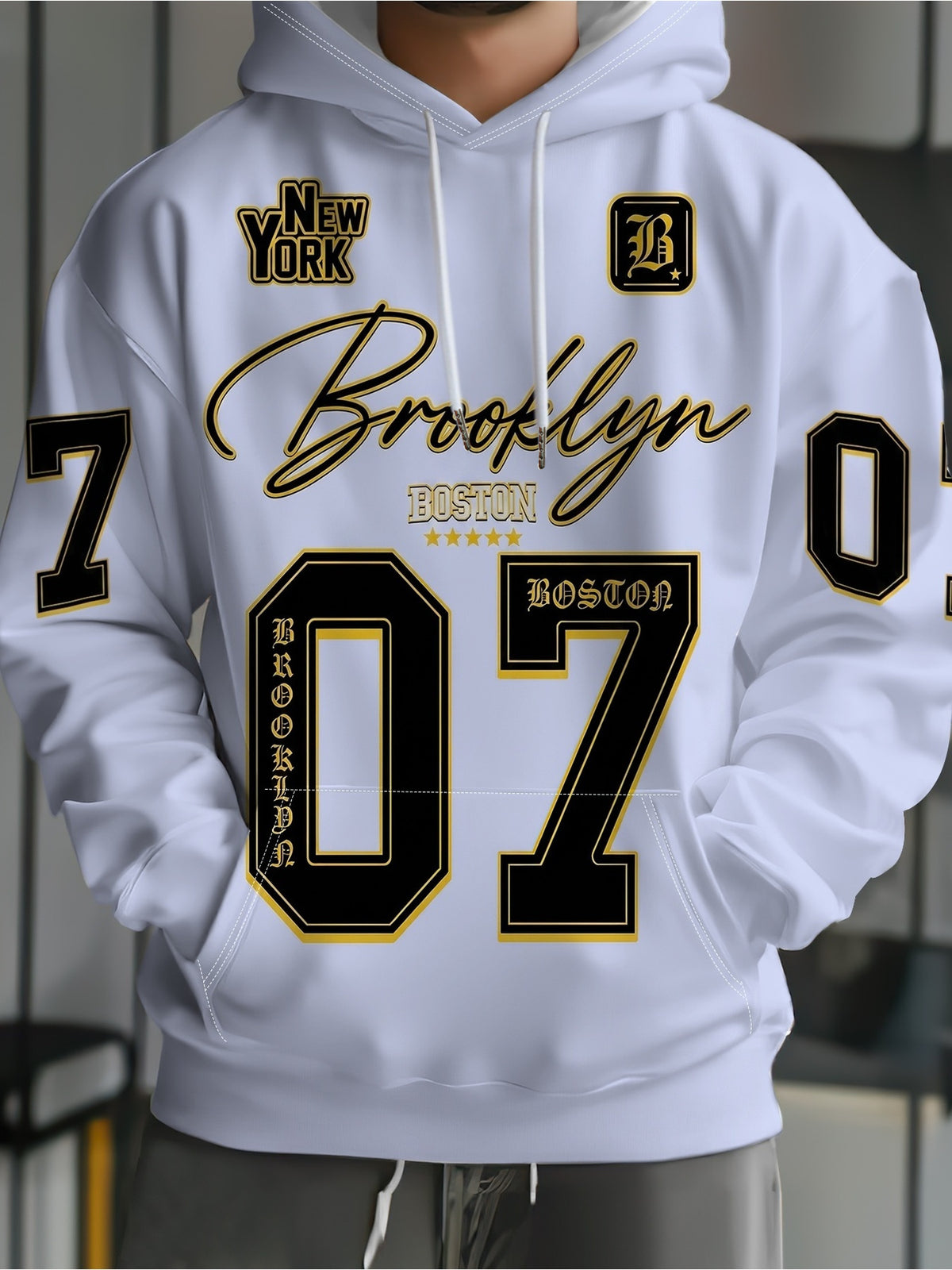 [Print Design, Not Textured] Men'S Hoodie, White Base with Black And Golden Number 07 Crown Text, Digital Print Long Sleeve, Suitable for Street Outings, Daily Commute, And Casual Wear, Loose Fit, Comfortable And Breathable, Non-Tight - Mixed colors