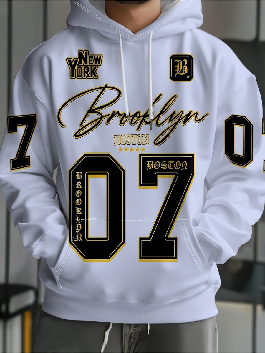 [Print Design, Not Textured] Men'S Hoodie, White Base with Black And Golden Number 07 Crown Text, Digital Print Long Sleeve, Suitable for Street Outings, Daily Commute, And Casual Wear, Loose Fit, Comfortable And Breathable, Non-Tight - Mixed colors