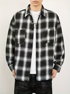 Men'S Casual Plaid Long Sleeve Shirt, Lapel Button-Up Shirt, Double Pocket Design, Classic Checkered Pattern, Twill Fabric, Comfortable And Breathable, Suitable for Spring And Autumn, Casual Outing, Men'S Dress Shirt, Men'S Shirt, Casual Business - Black And White Plaid
