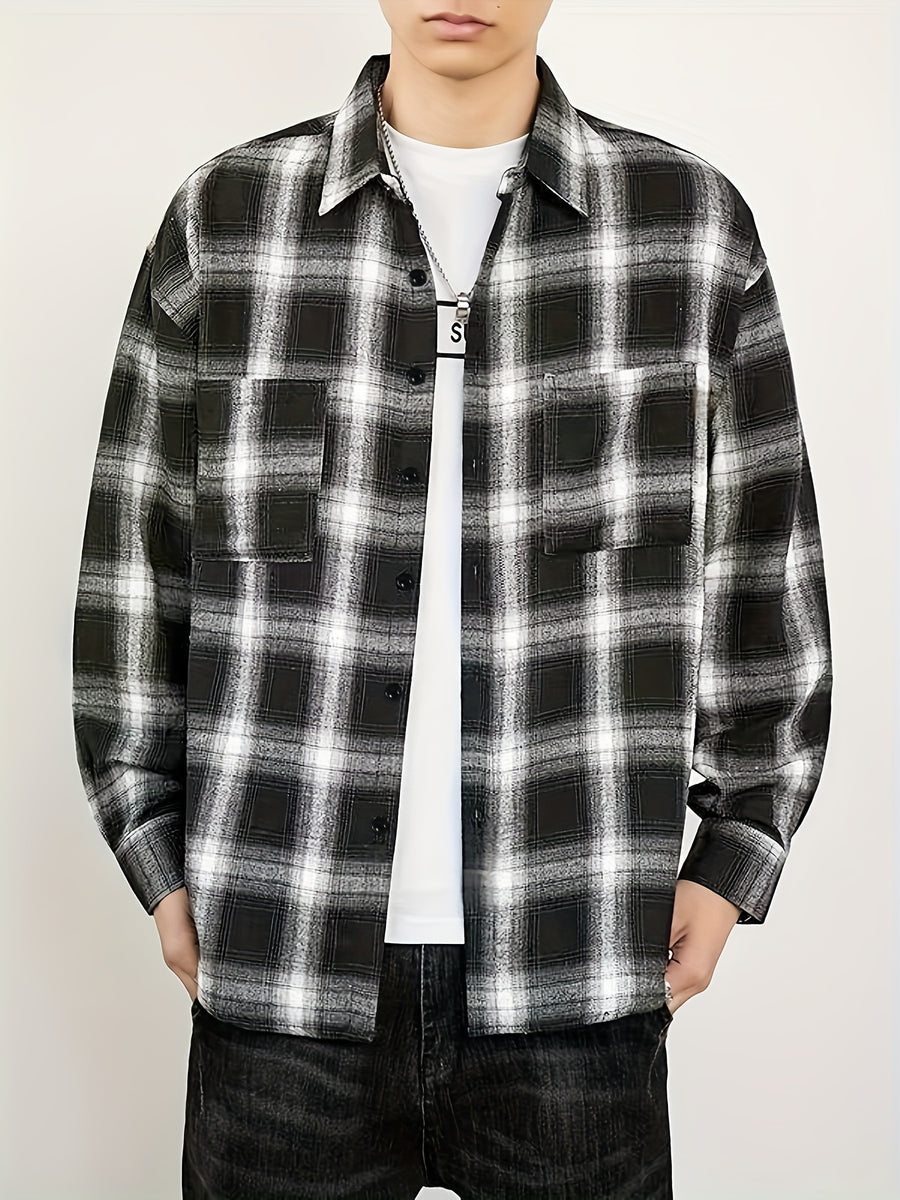 Men'S Casual Plaid Long Sleeve Shirt, Lapel Button-Up Shirt, Double Pocket Design, Classic Checkered Pattern, Twill Fabric, Comfortable And Breathable, Suitable for Spring And Autumn, Casual Outing, Men'S Dress Shirt, Men'S Shirt, Casual Business - Black And White Plaid