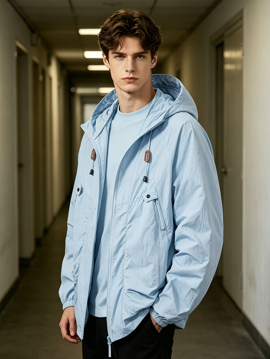 Men'S Spring Autumn Hooded Solid Pocket Jacket Sunscreen Top, Suitable for Outdoor Running Sports Commuting - 2390-Moonlight Blue