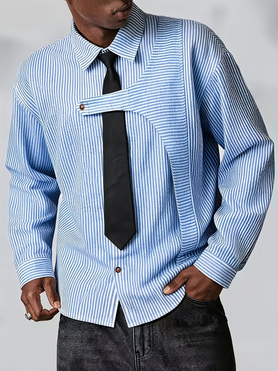 Men's Casual Striped Shirt with Detachable Tie, New Spring/Autumn Niche Design Lapel Long-Sleeve Shirt, Suitable for Daily Outings and Outdoor Commuting, Stylish and Versatile Casual Long-Sleeve Shirt - White And Blue Stripes