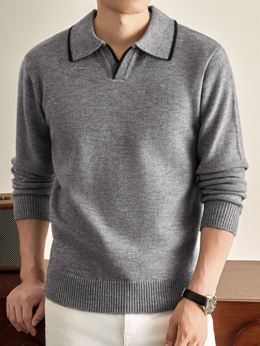 Autumn Winter Knit 3D Solid Color Lapel Polo Sweater, Basic Knit Pullover Top for Men, Fashionable Long Sleeve Sweater, Size S - Light Grey