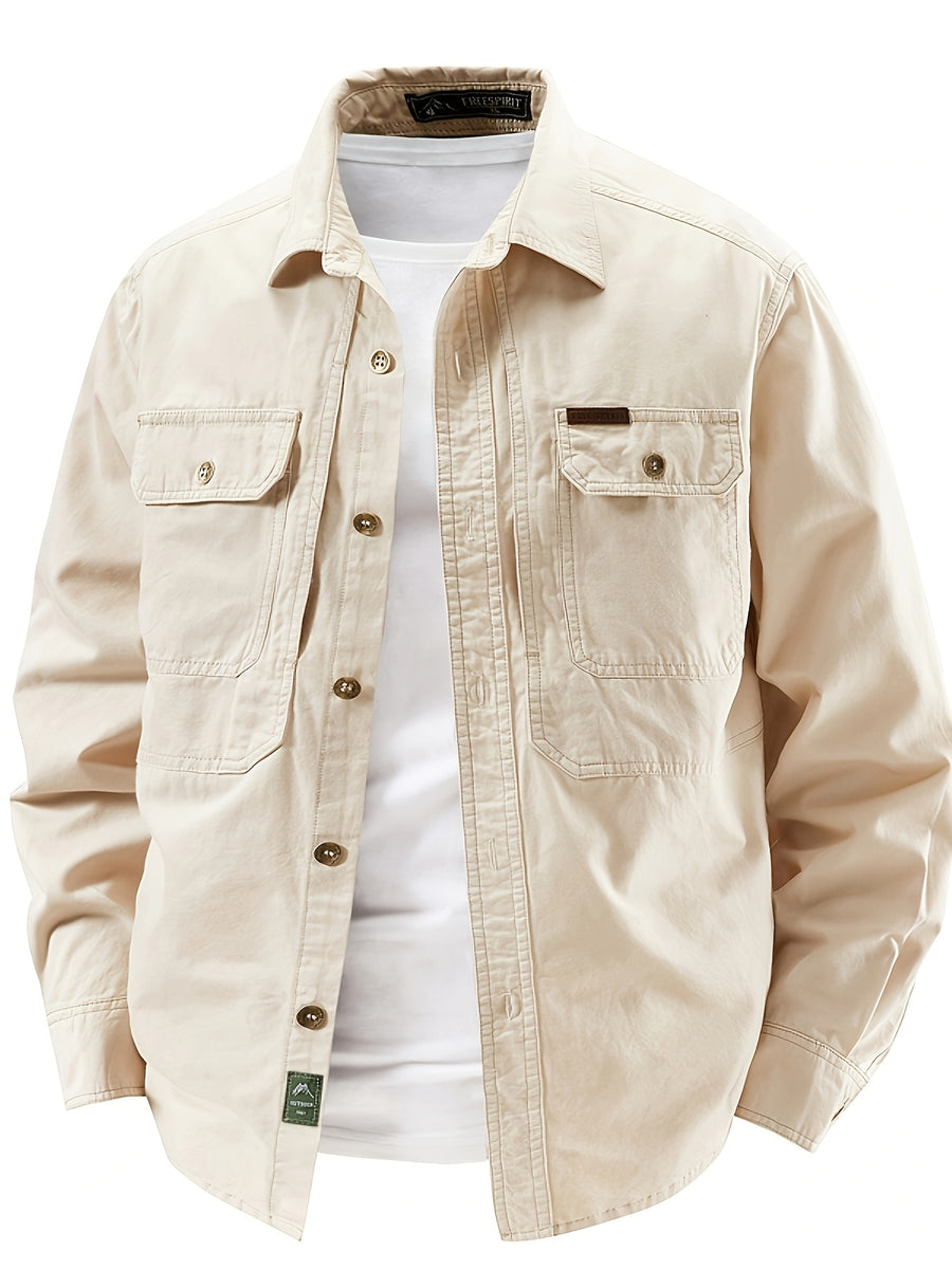 2pcs Men'S 100% Utility Long Sleeve Shirts, Spring/Autumn Vintage Washed Loose Fit, Stiff Non-Deformable Collar, Large Capacity Chest Pockets for Phone, Brass Metal Buttons, Straight Windproof Cuffs - Khaki+Beige