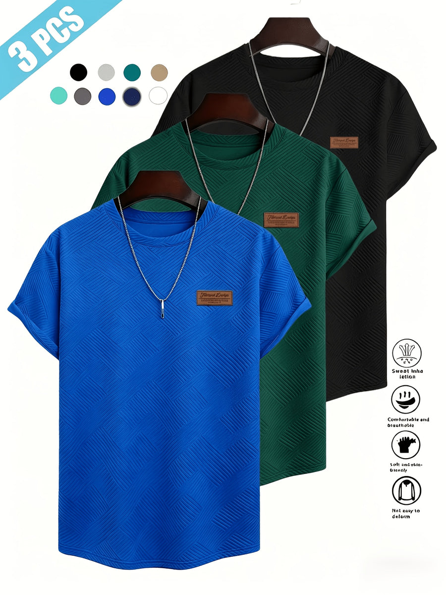 [Villa Le Water OBM] 3pcs Set Men'S Summer Fashion Round Neck T-Shirt, 3D Geometric Pattern Men'S Top, Comfortable And Versatile Short Sleeve, Suitable for Outdoor Street, Daily Casual, Outdoor Sports - Royal blue + dark green + black